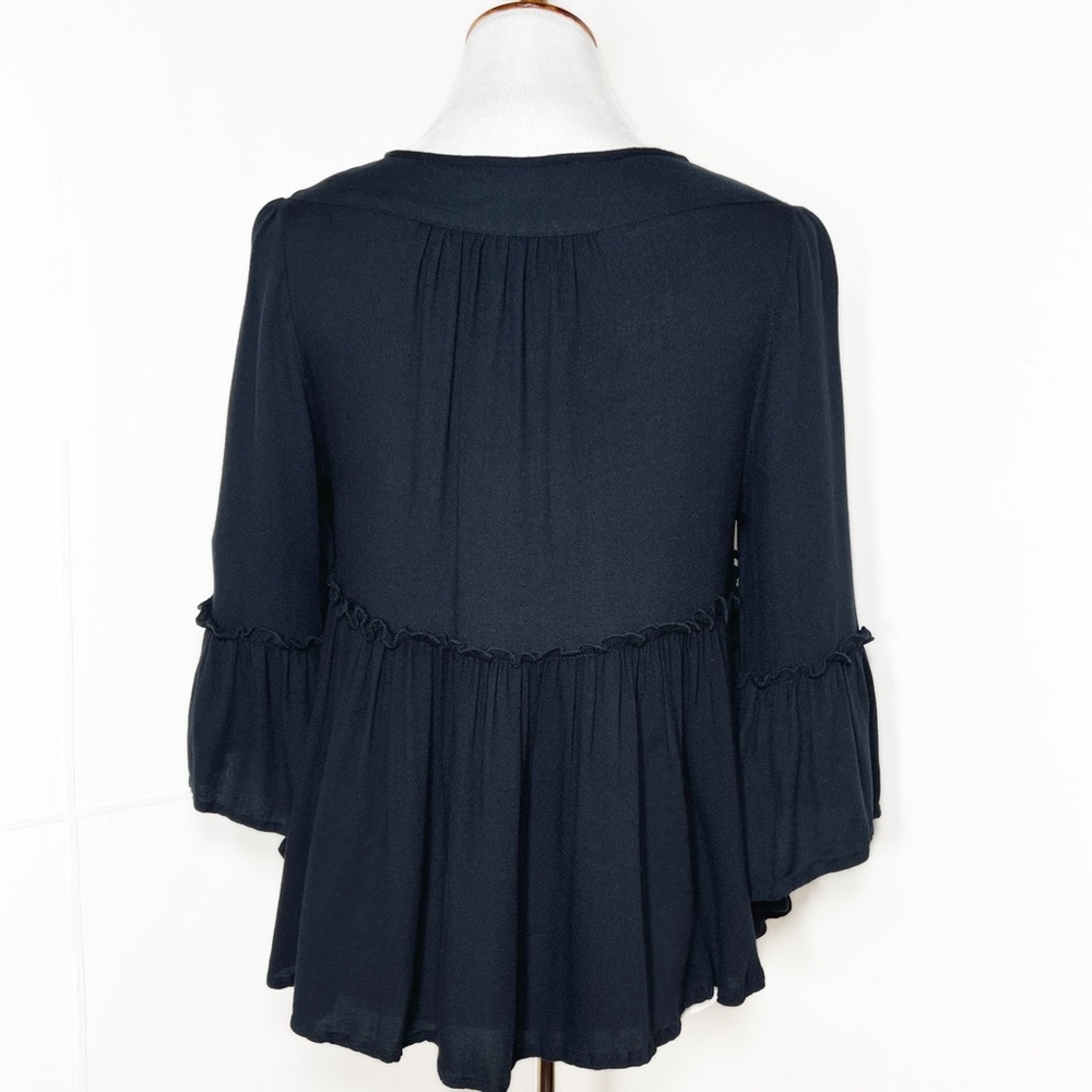 SOLD-Romeo+Juliet Couture Navy Blue Ruffled Tiered Bell Sleeve Tie Neck Top - Picture 6 of 10